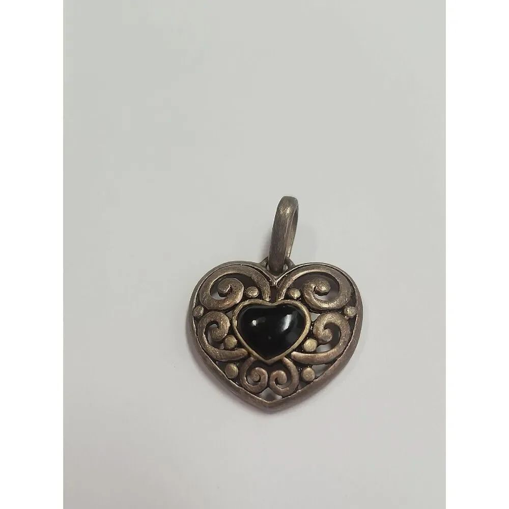 925 Sterling Silver Vintage Inlaid Black Onyx Swirl Love Heart Pendant